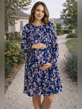 Sonoma Navy Floral Long Sleeve Maternity Dress